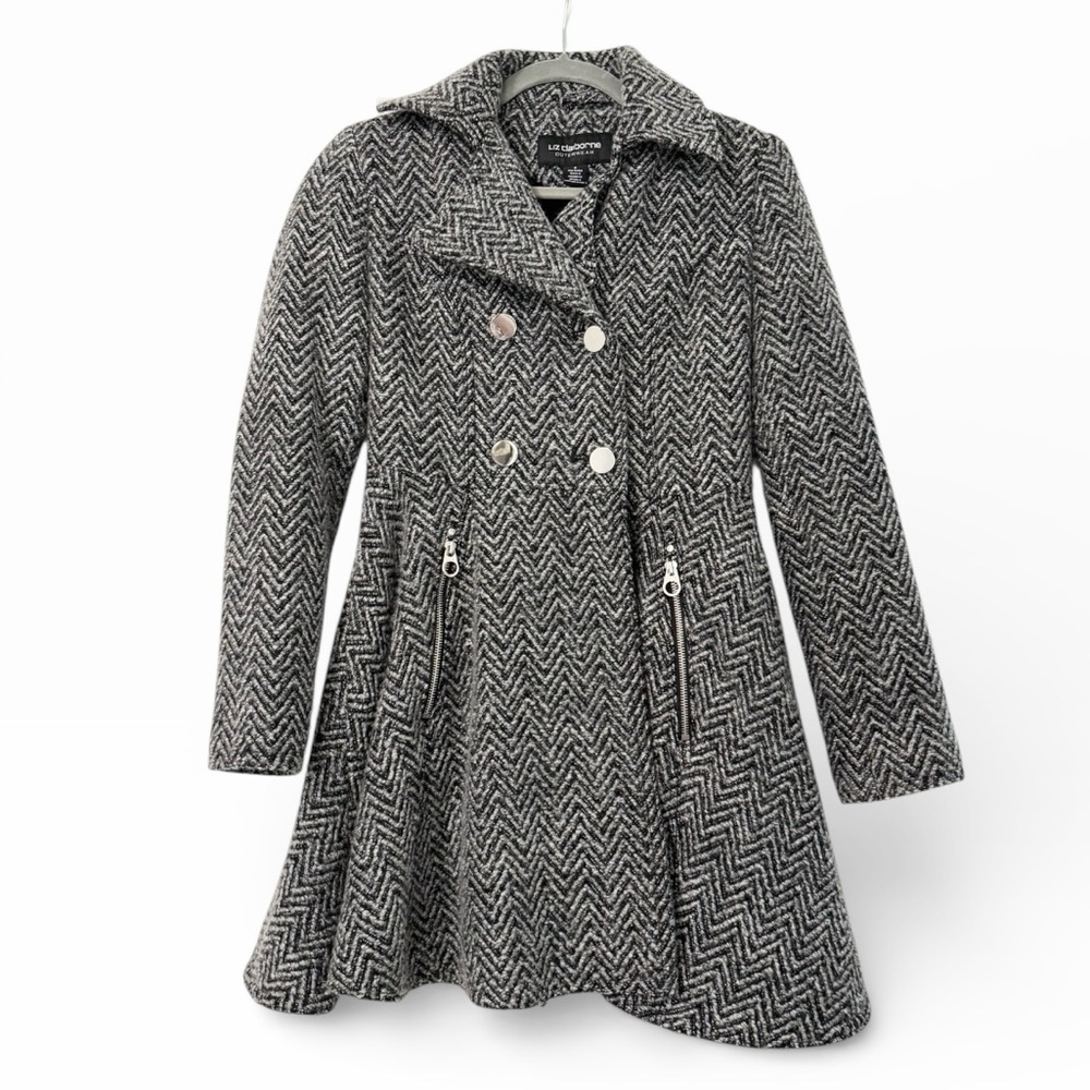 Liz Claiborne Outerwear Wool Blend Chevron Coat Small Black Gray Lined